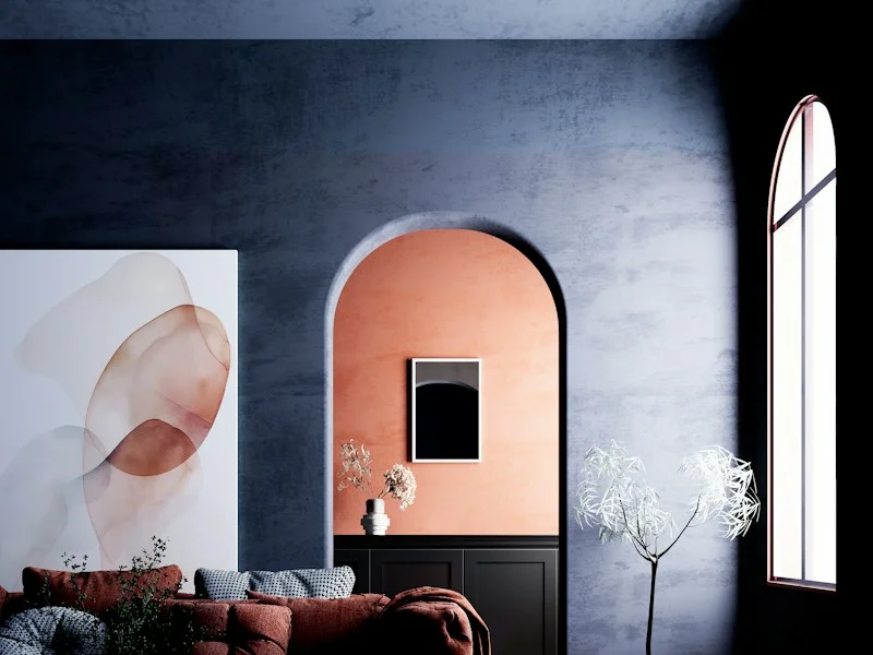 Living room with a coral arched accent wall