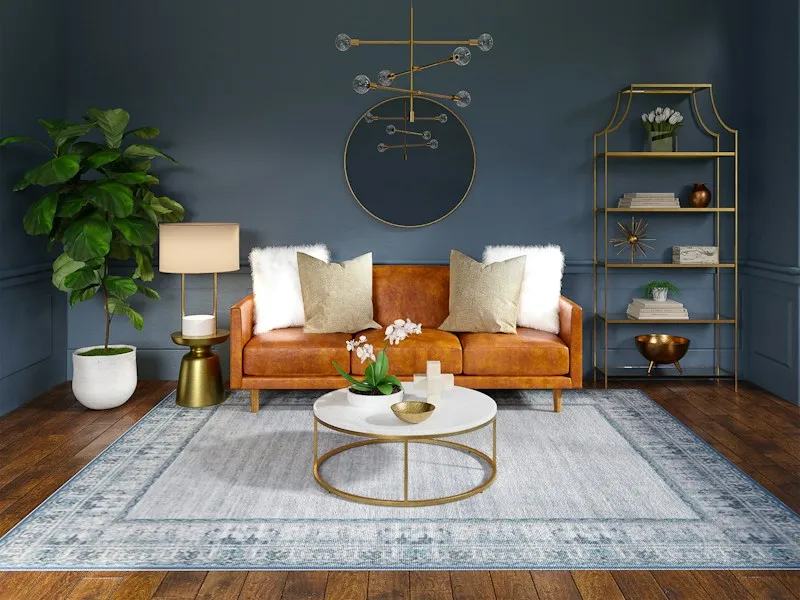 Living room with dark blue painted walls