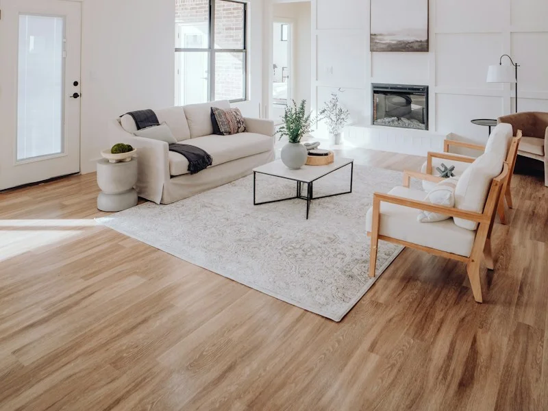 Bright new construction living room with white walls